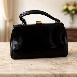 Vintage Black Patent Leather Kiss-Lock Top Handle Handbag